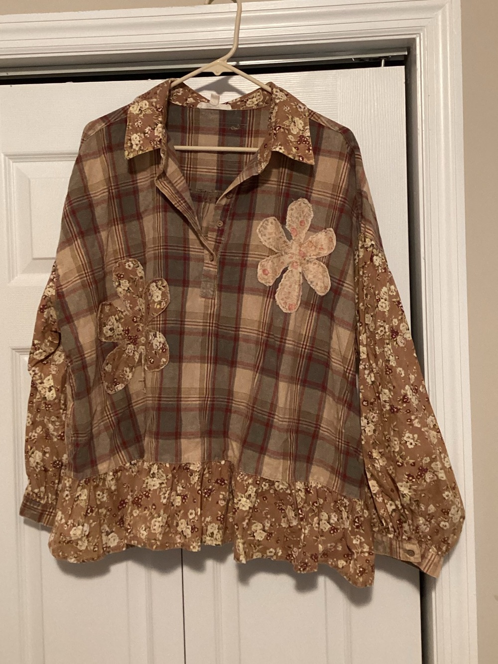 Floral Patchwork Half Plaid Button Pullover - Brown Multi